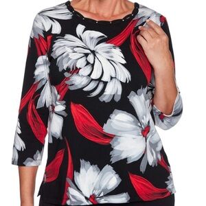 Alfred Dunner Women's Pretty Red Black Brushstroke Floral Soft Knit Top 2x